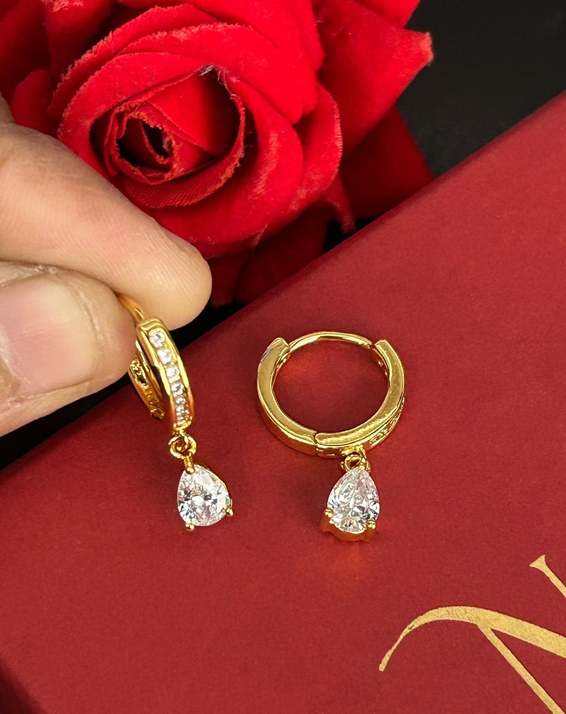 Minimal CZ Pear Drop Hoop Earrings – Gold & Silver Finish