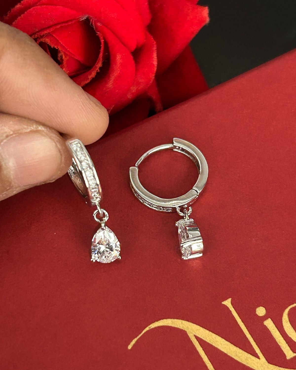 Minimal CZ Pear Drop Hoop Earrings – Gold & Silver Finish