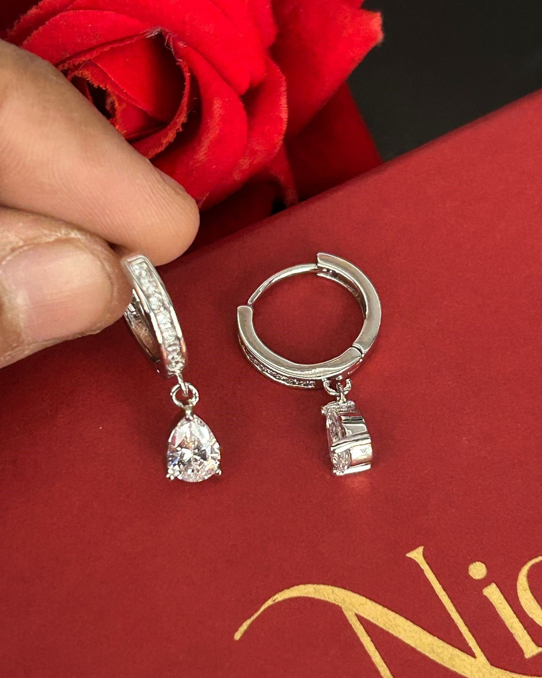 Minimal CZ Pear Drop Hoop Earrings – Gold & Silver Finish