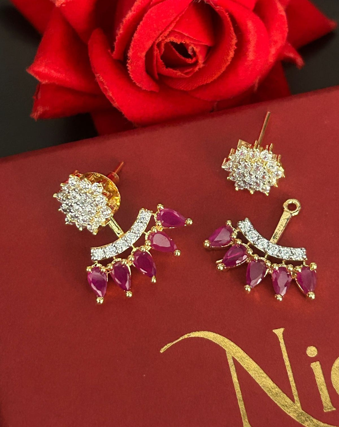 2-Way Convertible Floral CZ Earrings – 2 Colour Green & Ruby Variants