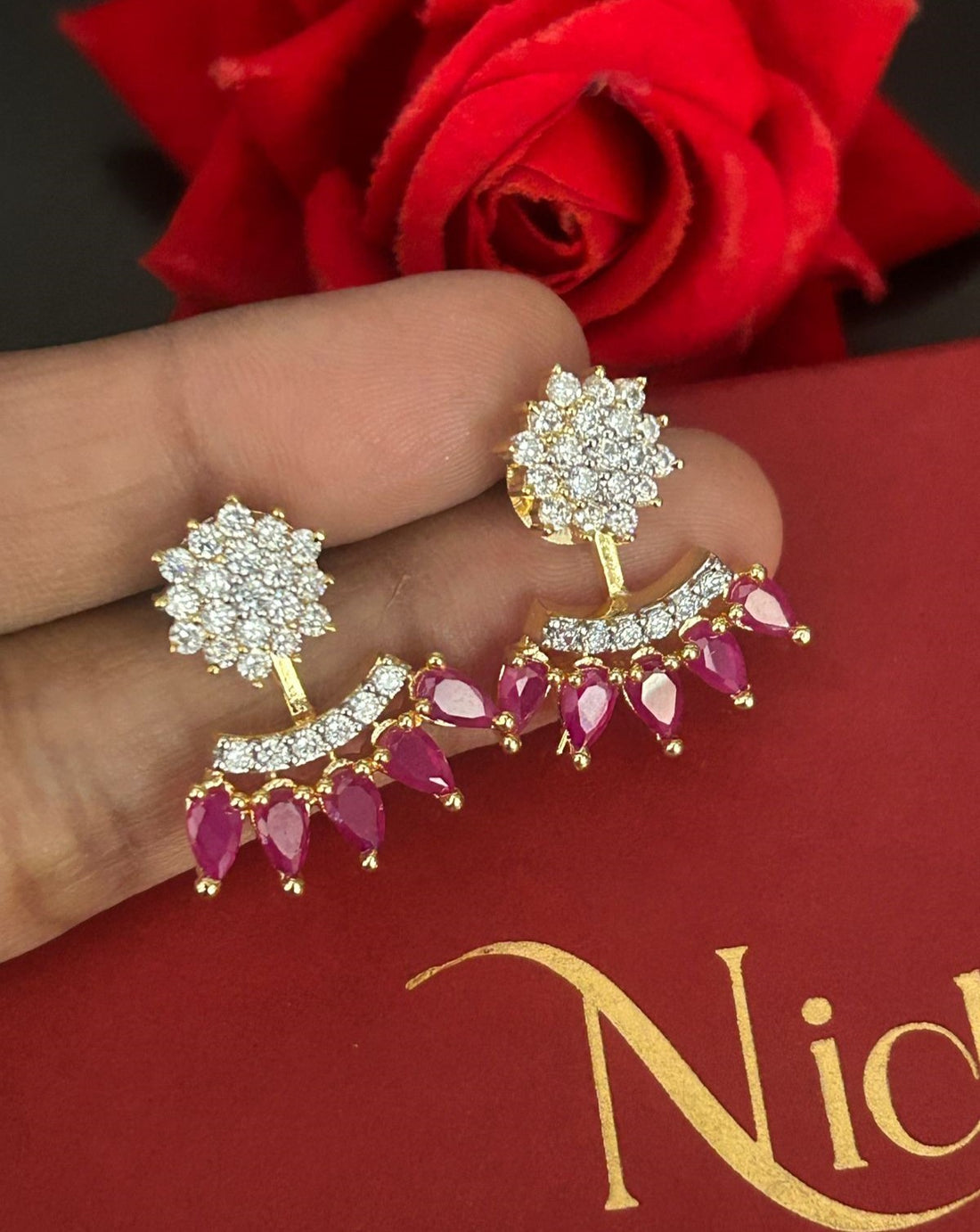 2-Way Convertible Floral CZ Earrings – 2 Colour Green & Ruby Variants