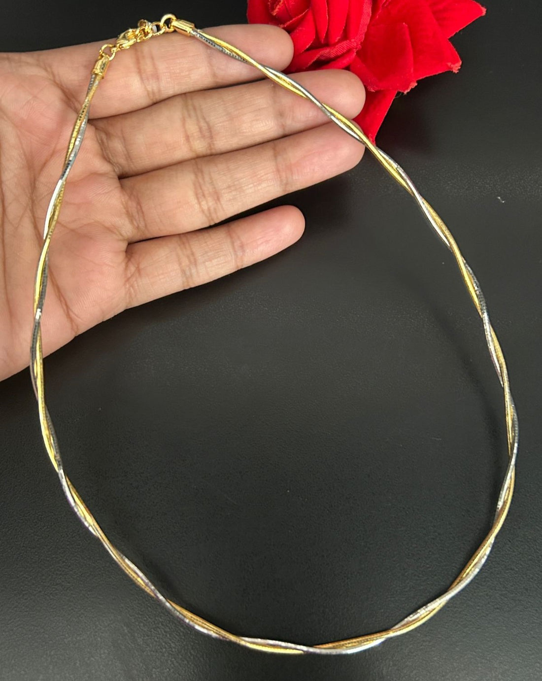 2 Liner Twisted Gold Silver Hasli Chain Necklace