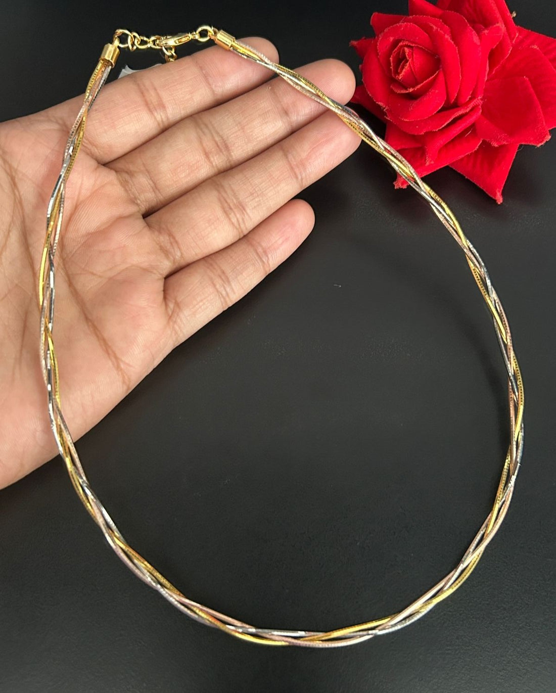 Three Tone Braided Hasli Chain Necklace | Gold Silver Rose Gold Twist Chain for Women