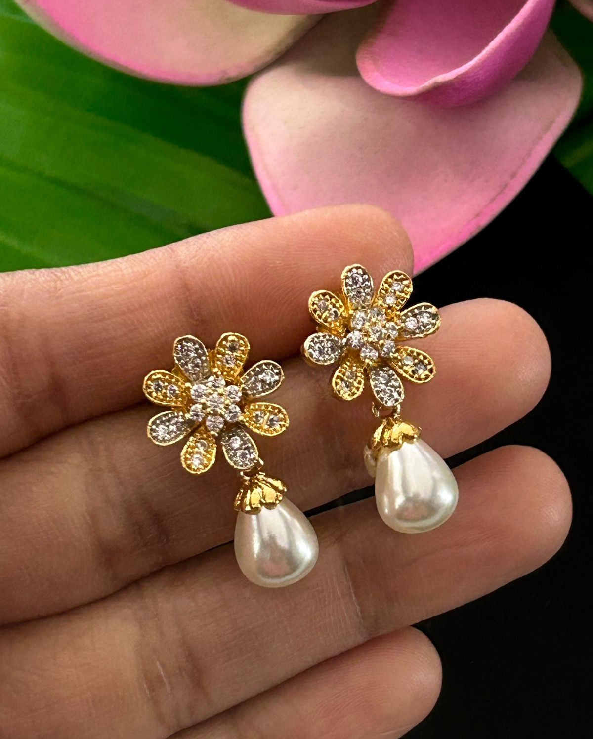 Premium Gold Plated Pearl Drop Earrings with Floral Design for Women