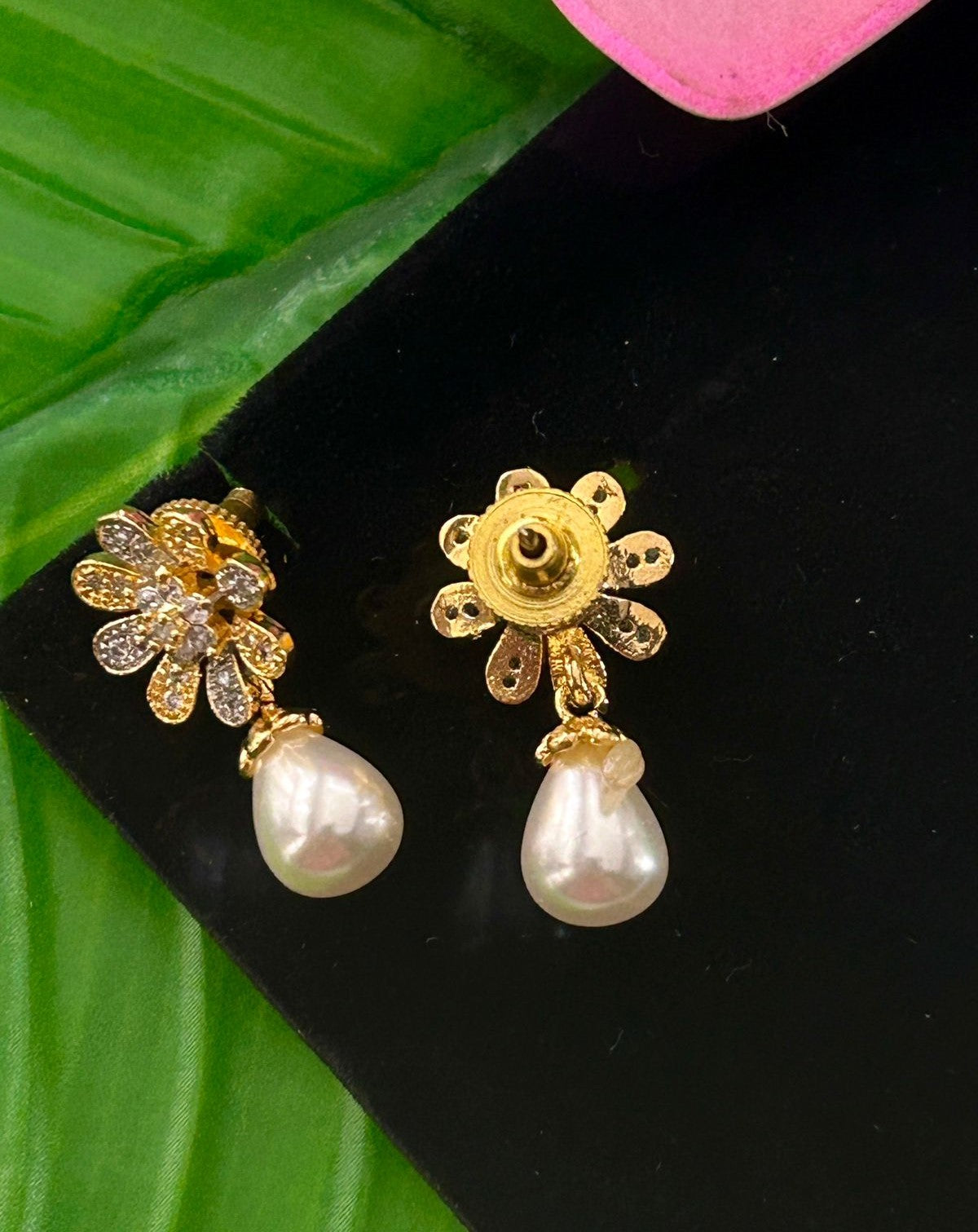 Premium Gold Plated Pearl Drop Earrings with Floral Design for Women