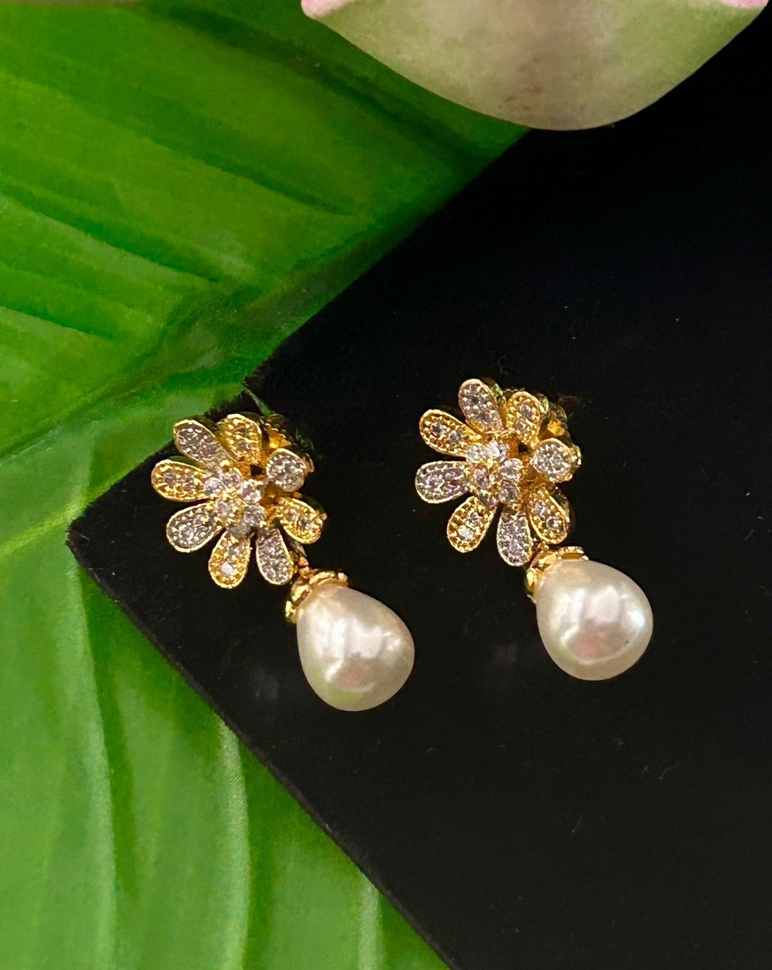 Premium Gold Plated Pearl Drop Earrings with Floral Design for Women