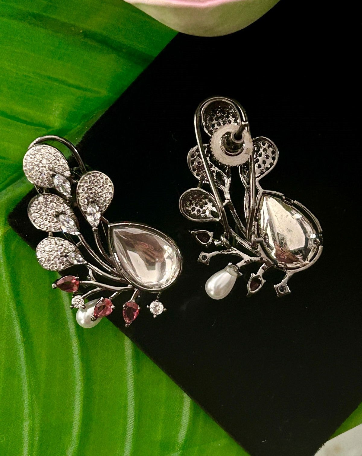 Premium Oxidised Black Designer Stone Earrings for Women with Pearl Drop