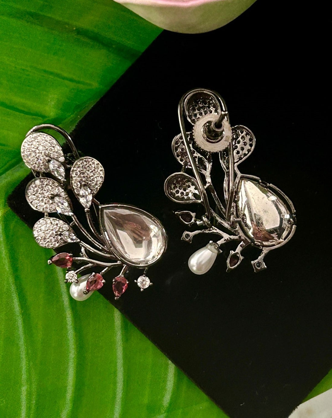 Premium Oxidised Black Designer Stone Earrings for Women with Pearl Drop