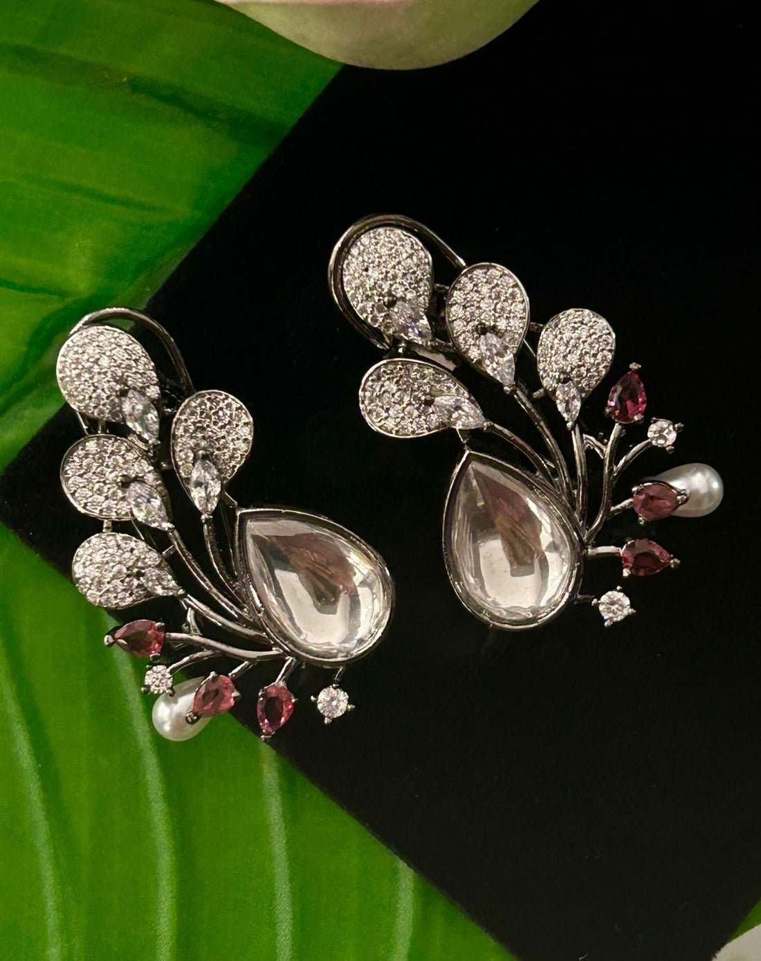 Premium Oxidised Black Designer Stone Earrings for Women with Pearl Drop