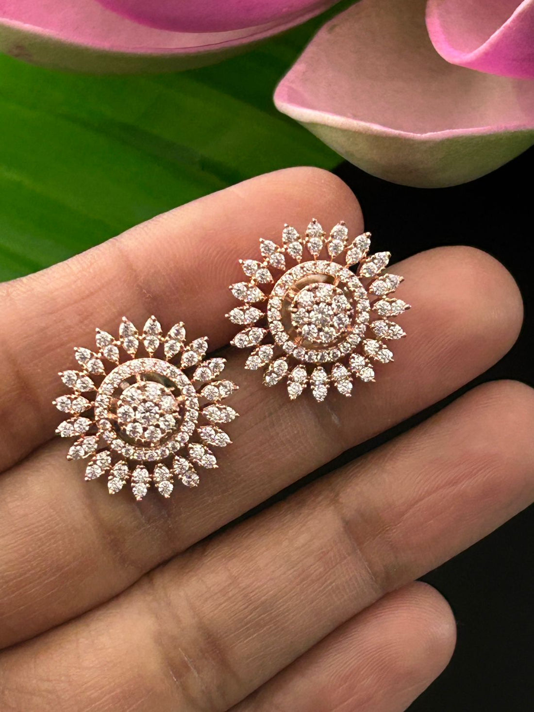 Sunburst Round Stud Earrings Premium Rose Gold Plated for Women