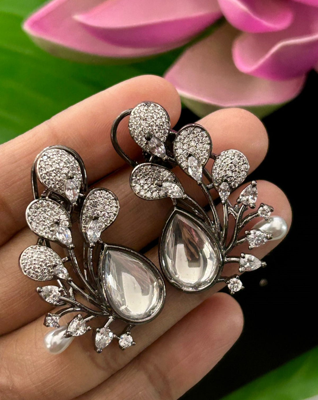 Premium Oxidised Black Designer Stone Earrings for Women with Pearl Drop