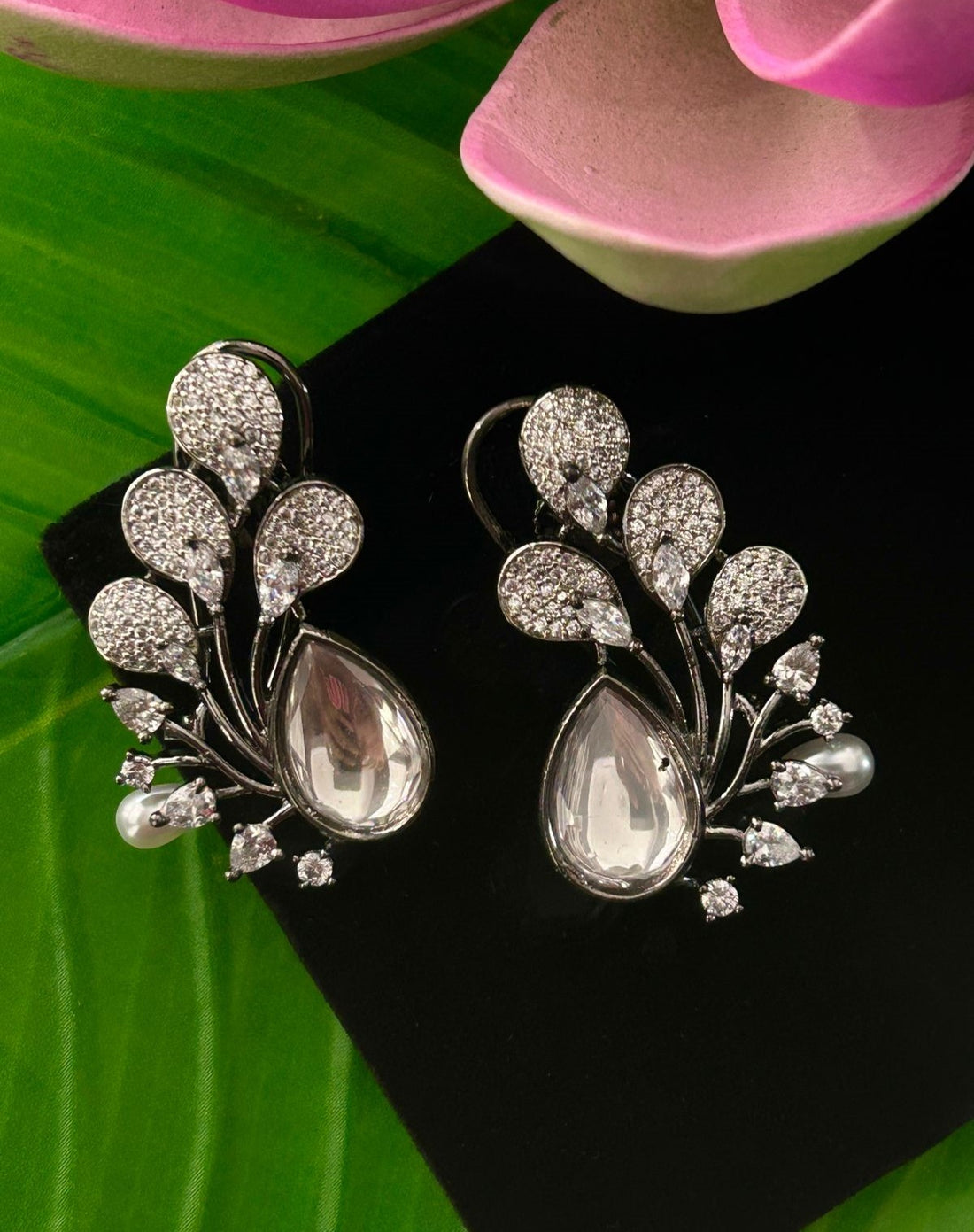 Premium Oxidised Black Designer Stone Earrings for Women with Pearl Drop