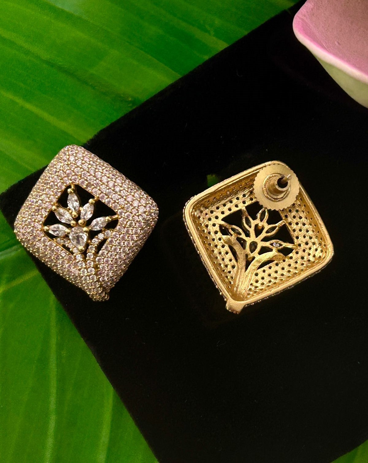 Stylish Square Stud Earrings Premium Gold Plated Floral Design for Women
