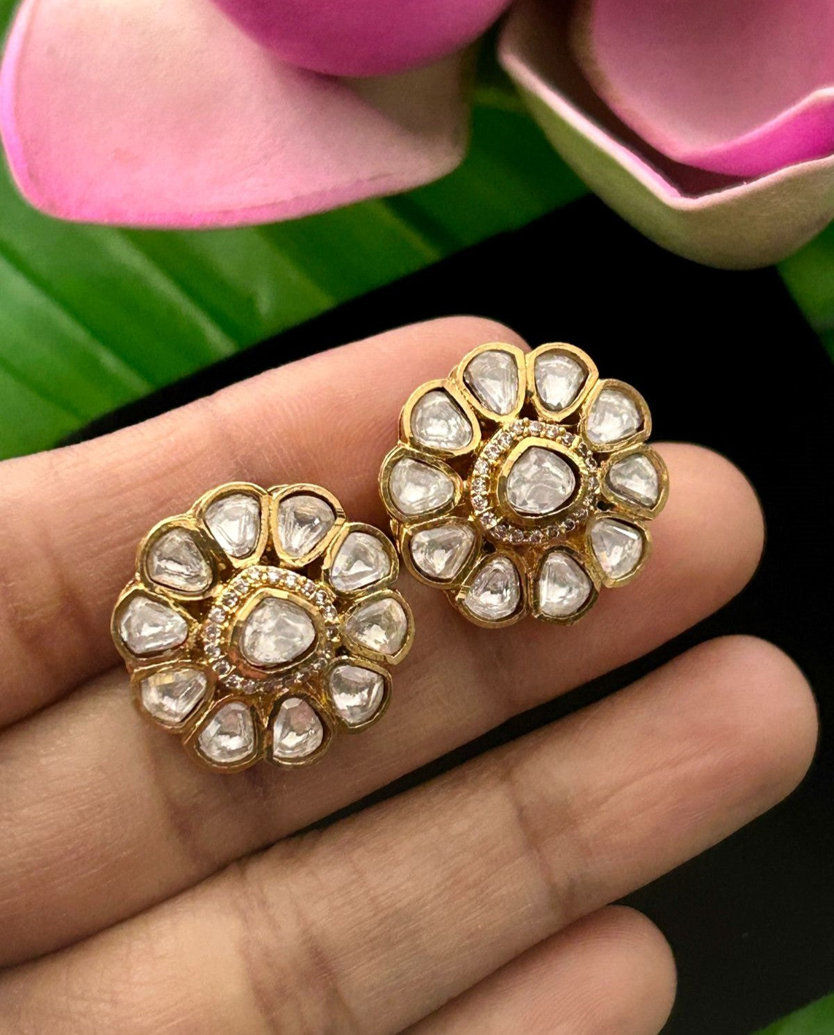 Trendy Floral Kundan Stud Earrings Premium Gold Plated for Women