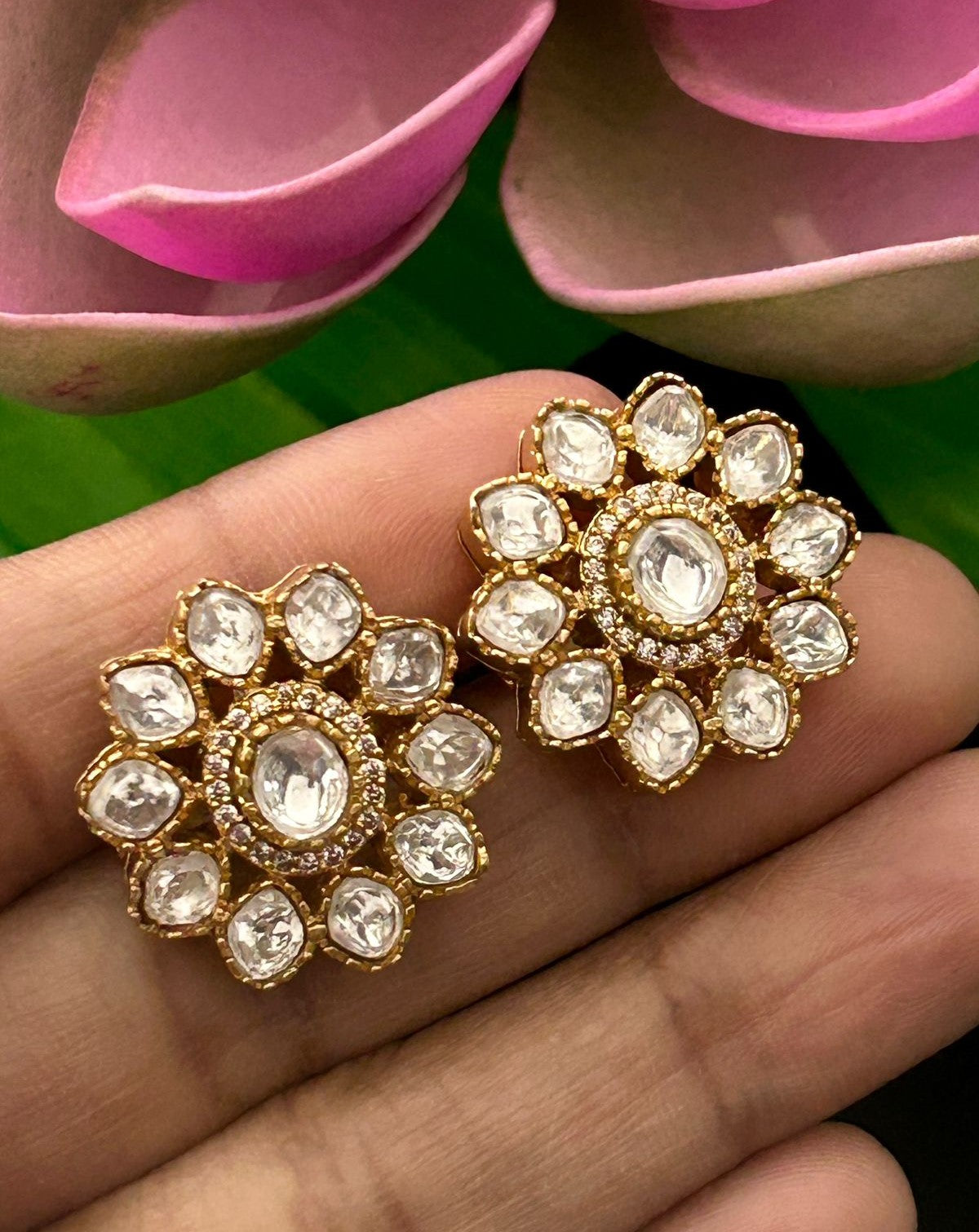 Elegant Floral Kundan Stud Earrings Premium Gold Plated Traditional Design for Women