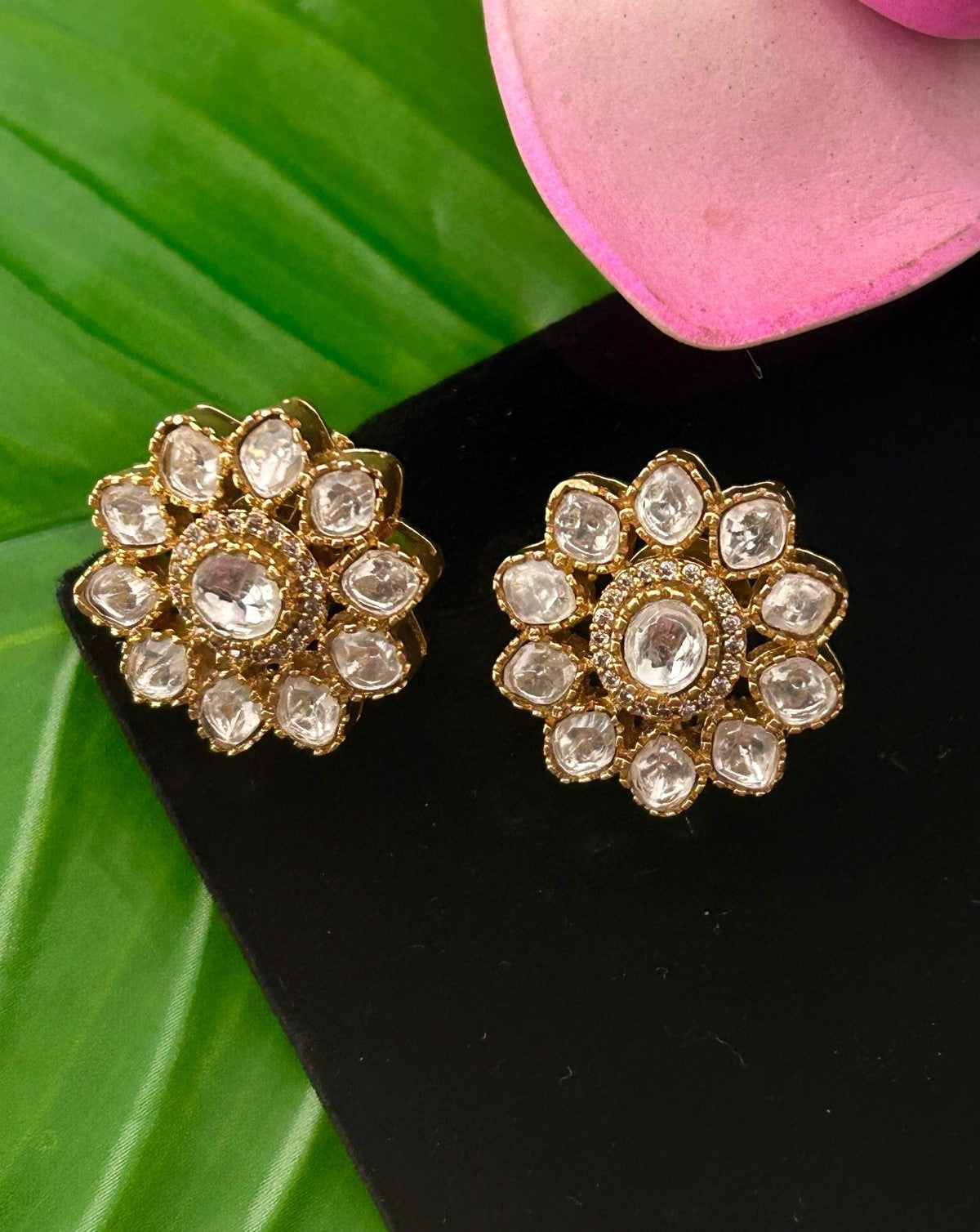 Elegant Floral Kundan Stud Earrings Premium Gold Plated Traditional Design for Women