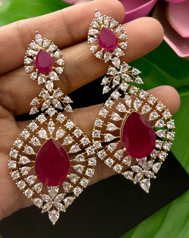 Stylish Ruby Red Drop Earrings Premium Gold Plated Stone Work for Women