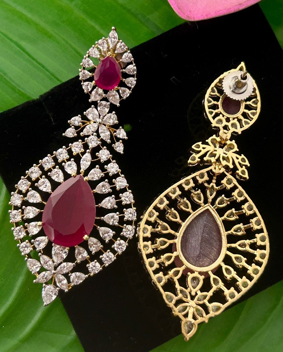 Stylish Ruby Red Drop Earrings Premium Gold Plated Stone Work for Women