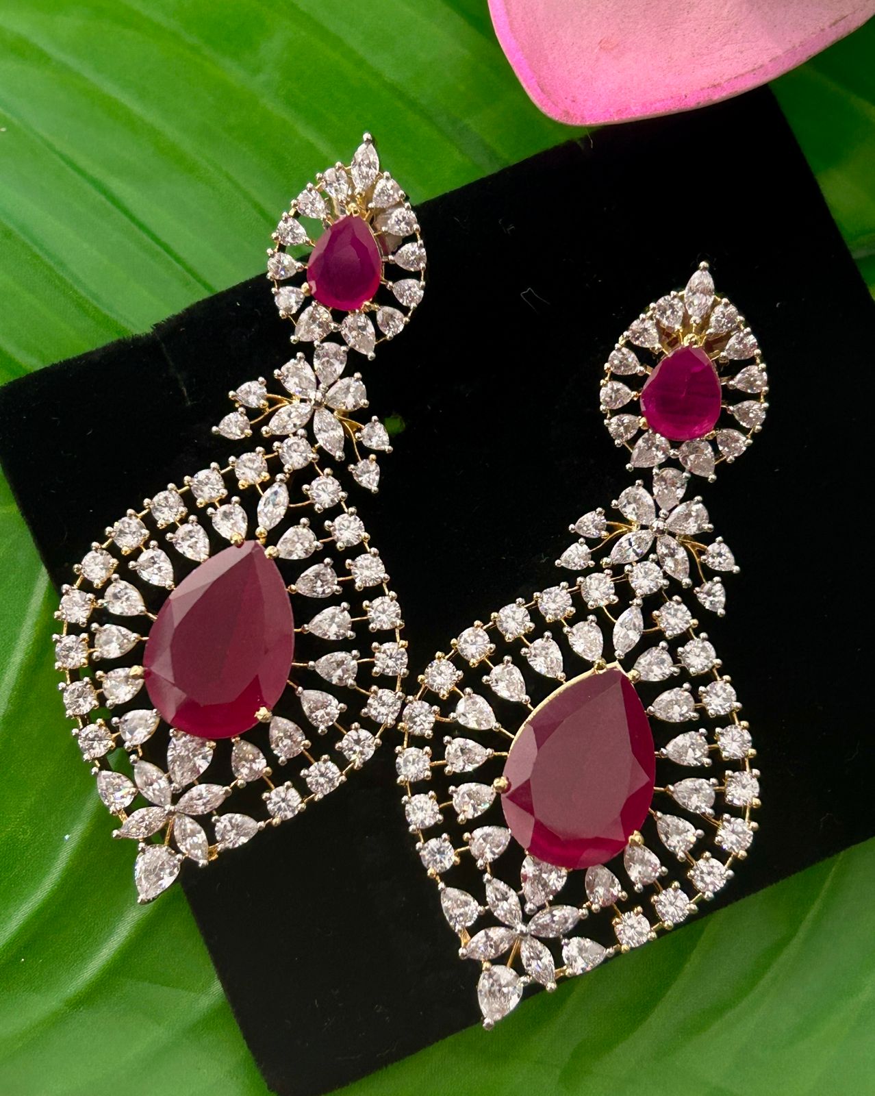 Stylish Ruby Red Drop Earrings Premium Gold Plated Stone Work for Women