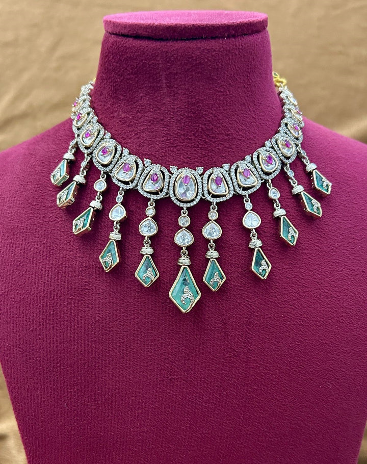 Elegant Kundan Necklace Set with Green Drops and Ruby Detailing Premium Gold Finish