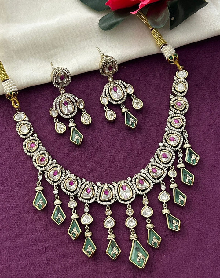 Elegant Kundan Necklace Set with Green Drops and Ruby Detailing Premium Gold Finish