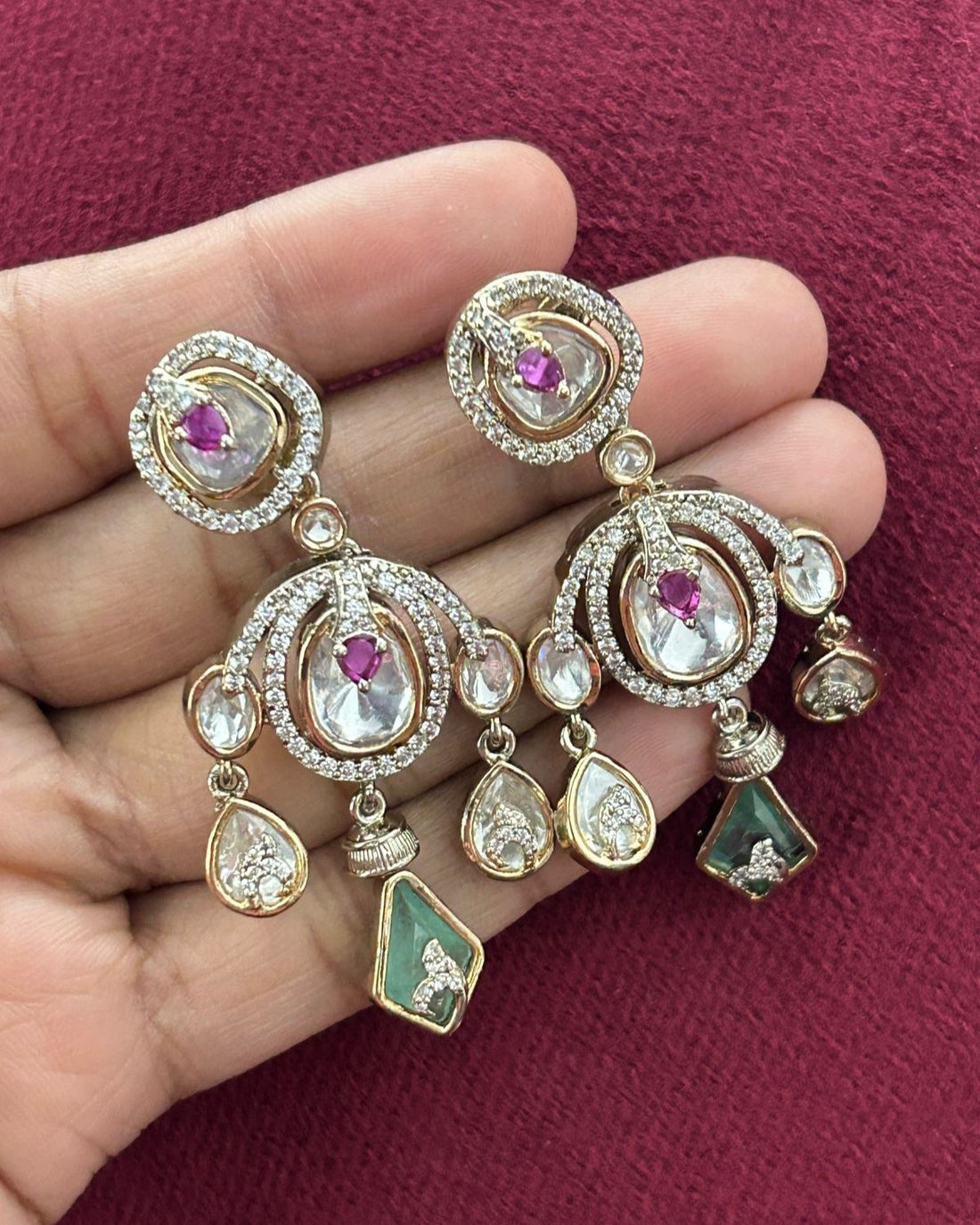Elegant Kundan Necklace Set with Green Drops and Ruby Detailing Premium Gold Finish