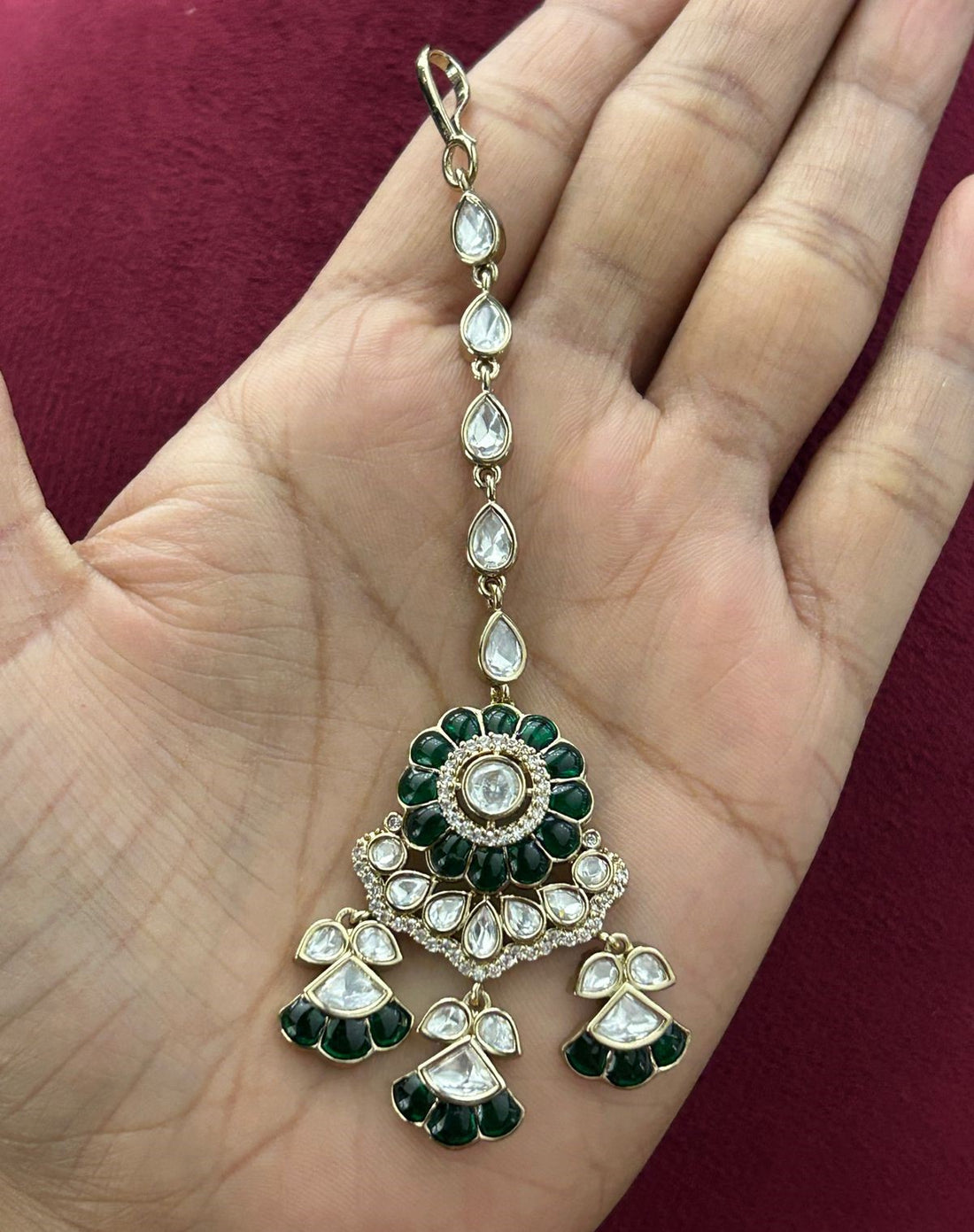 Royal Kundan Choker Necklace Set with Green & Maroon Detailing and Maang Tikka Mehandi Finish Bridal Set