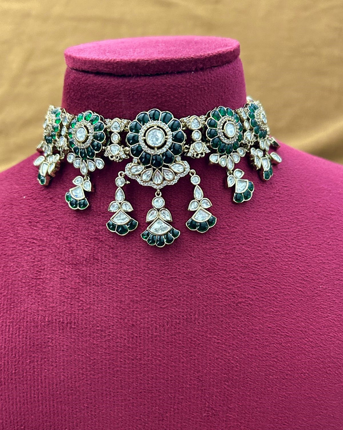 Royal Kundan Choker Necklace Set with Green & Maroon Detailing and Maang Tikka Mehandi Finish Bridal Set