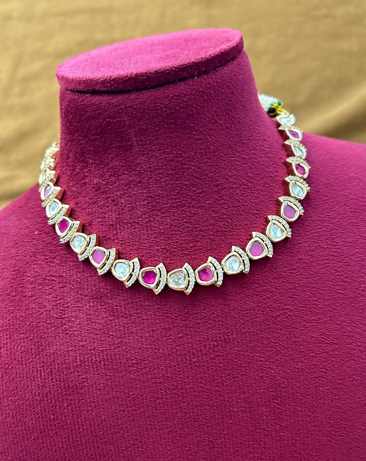 Elegant Kundan Short Necklace Set White Green Pink Detailing Real Gold Tone with Earrings
