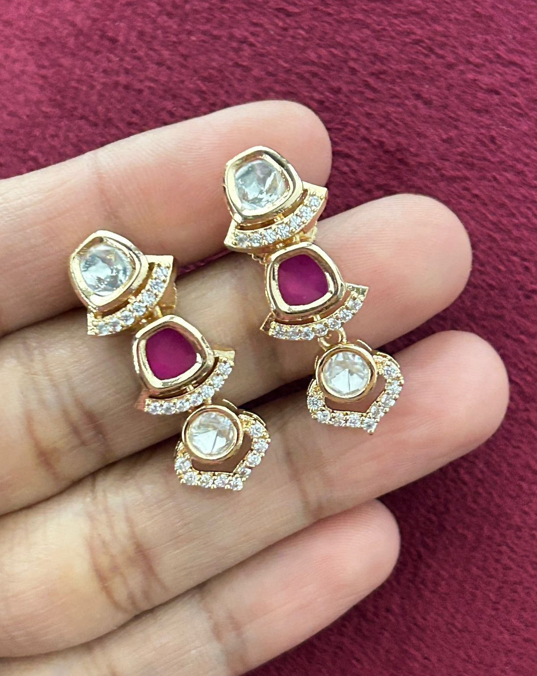 Elegant Kundan Short Necklace Set White Green Pink Detailing Real Gold Tone with Earrings