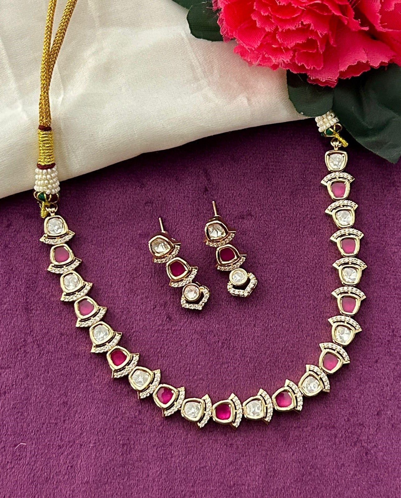 Elegant Kundan Short Necklace Set White Green Pink Detailing Real Gold Tone with Earrings