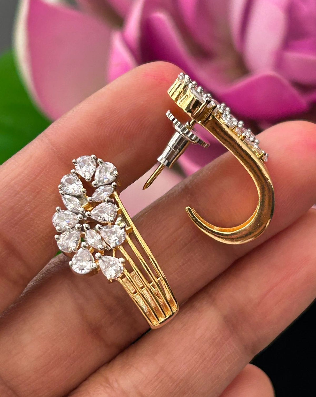 Premium Gold Plated & Silver Half Hoop Earrings With Stone Design for Women