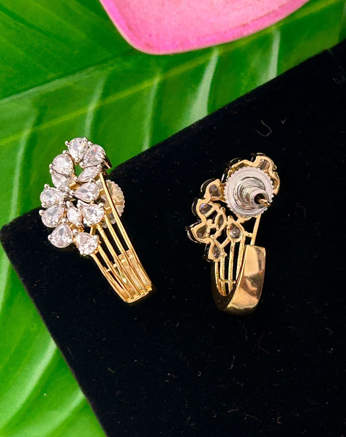 Premium Gold Plated & Silver Half Hoop Earrings With Stone Design for Women
