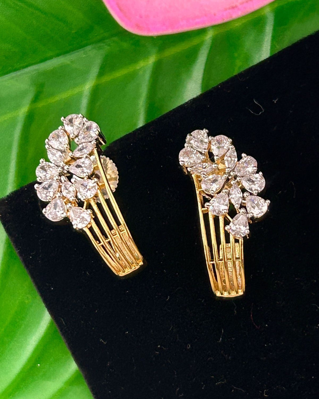 Premium Gold Plated & Silver Half Hoop Earrings With Stone Design for Women