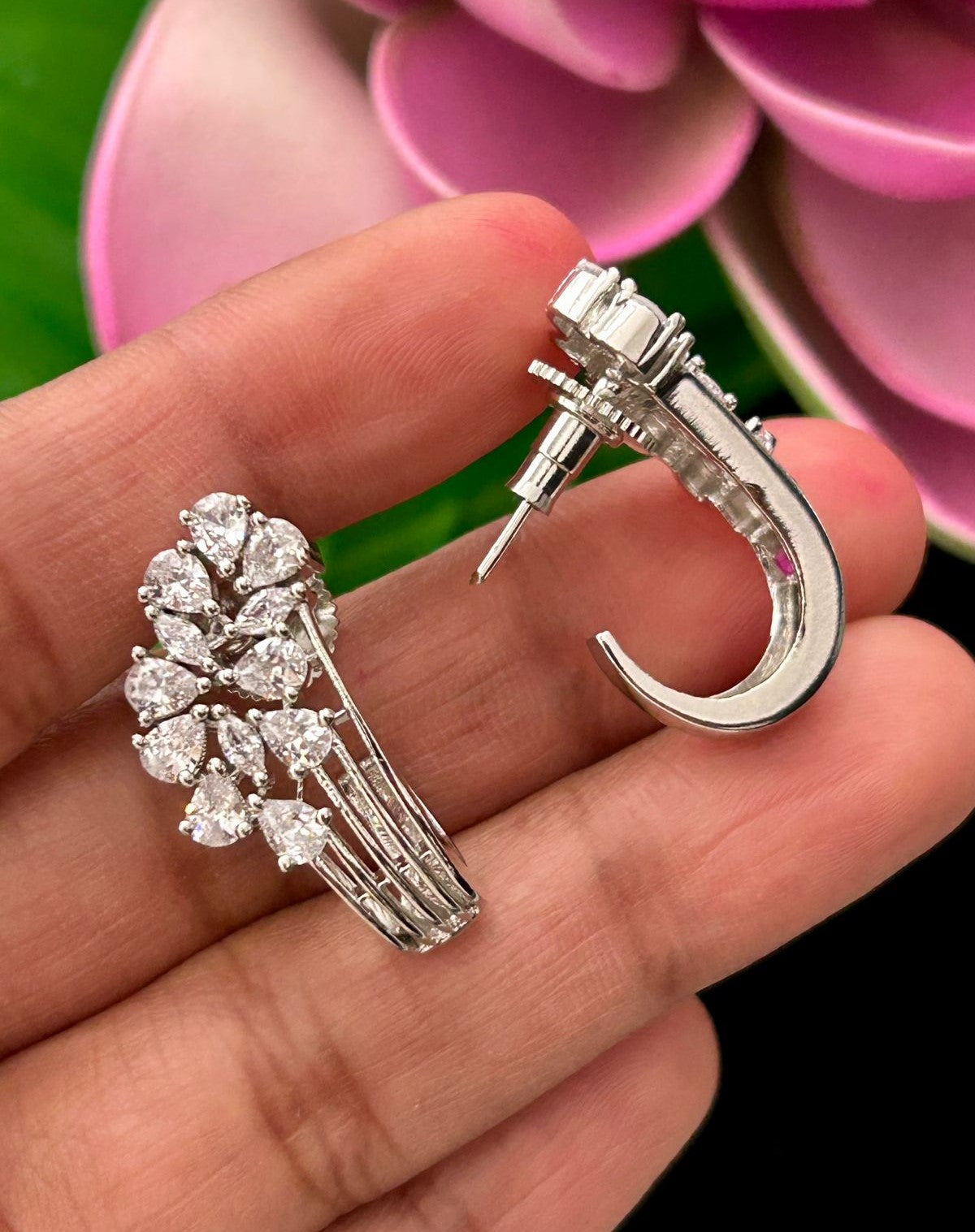 Premium Gold Plated & Silver Half Hoop Earrings With Stone Design for Women