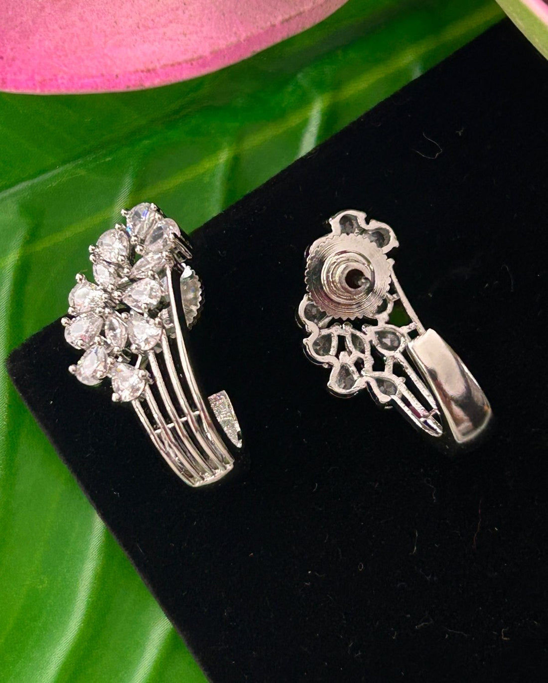 Premium Gold Plated & Silver Half Hoop Earrings With Stone Design for Women