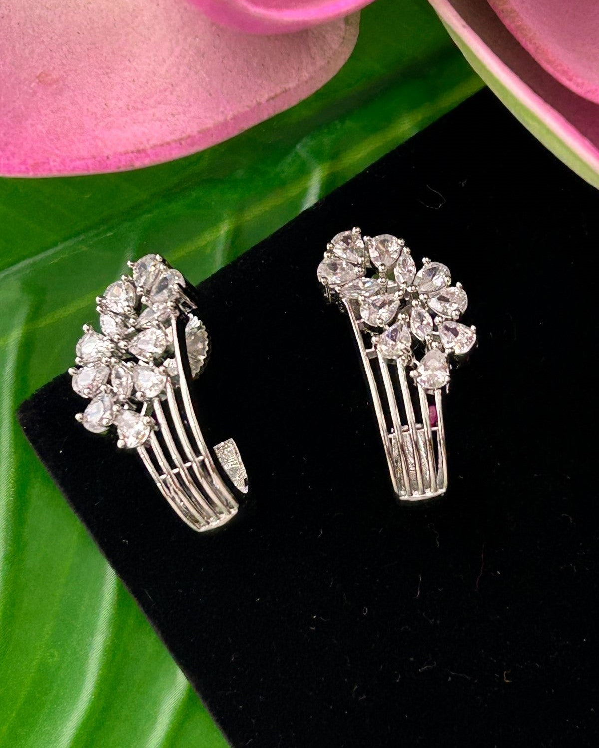 Premium Gold Plated & Silver Half Hoop Earrings With Stone Design for Women