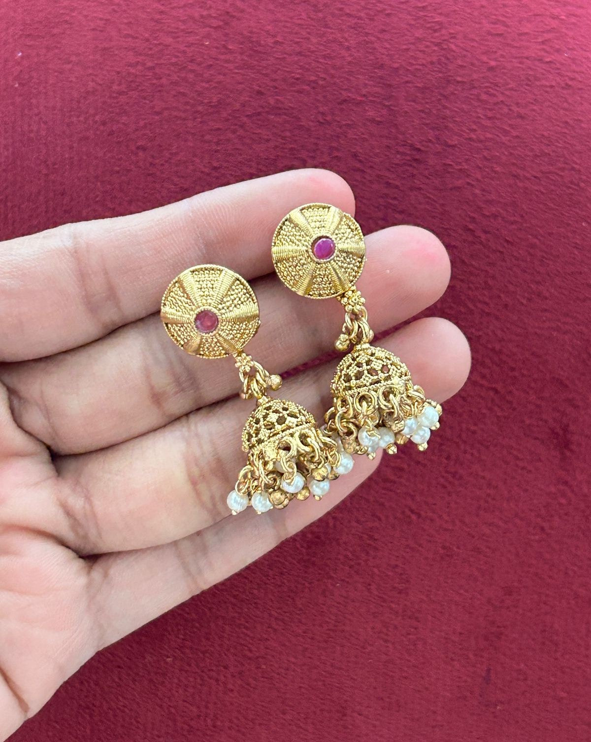 Premium Gold Plated Pearl Beaded Temple Necklace Set with Jhumka Earrings