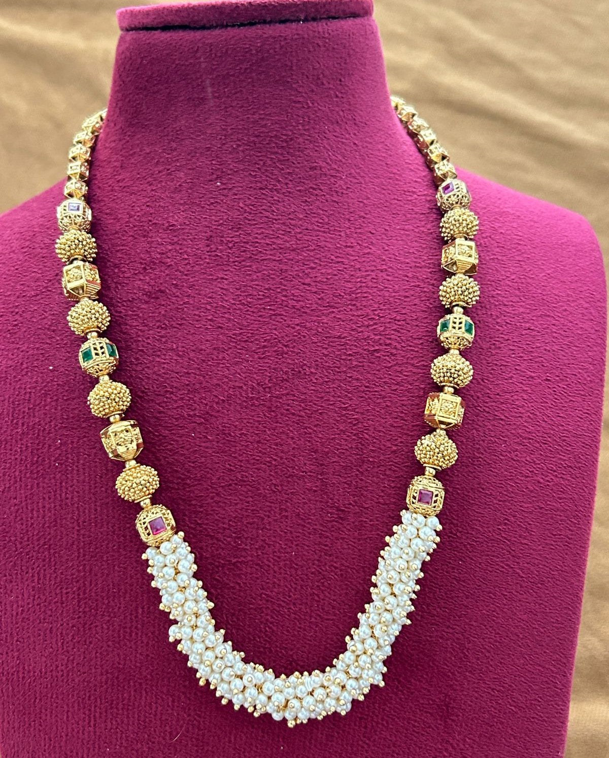 Premium Gold Plated Pearl Beaded Temple Necklace Set with Jhumka Earrings