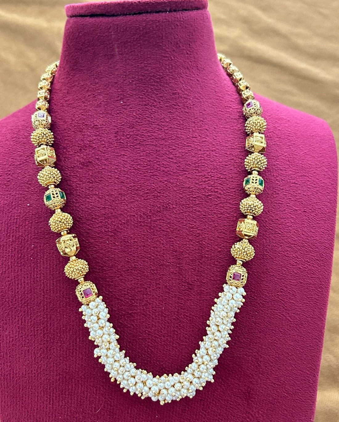 Premium Gold Plated Pearl Beaded Temple Necklace Set with Jhumka Earrings