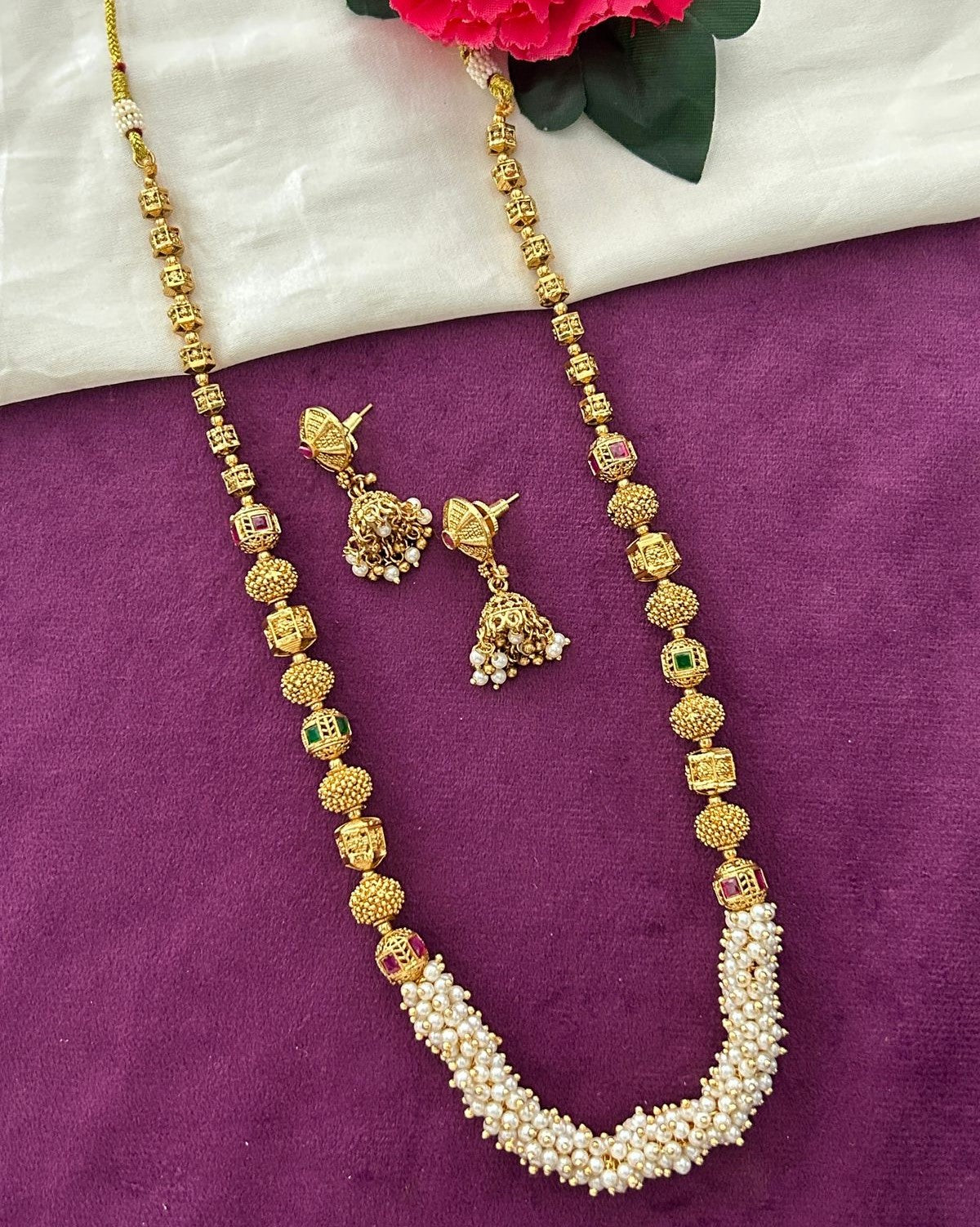 Premium Gold Plated Pearl Beaded Temple Necklace Set with Jhumka Earrings