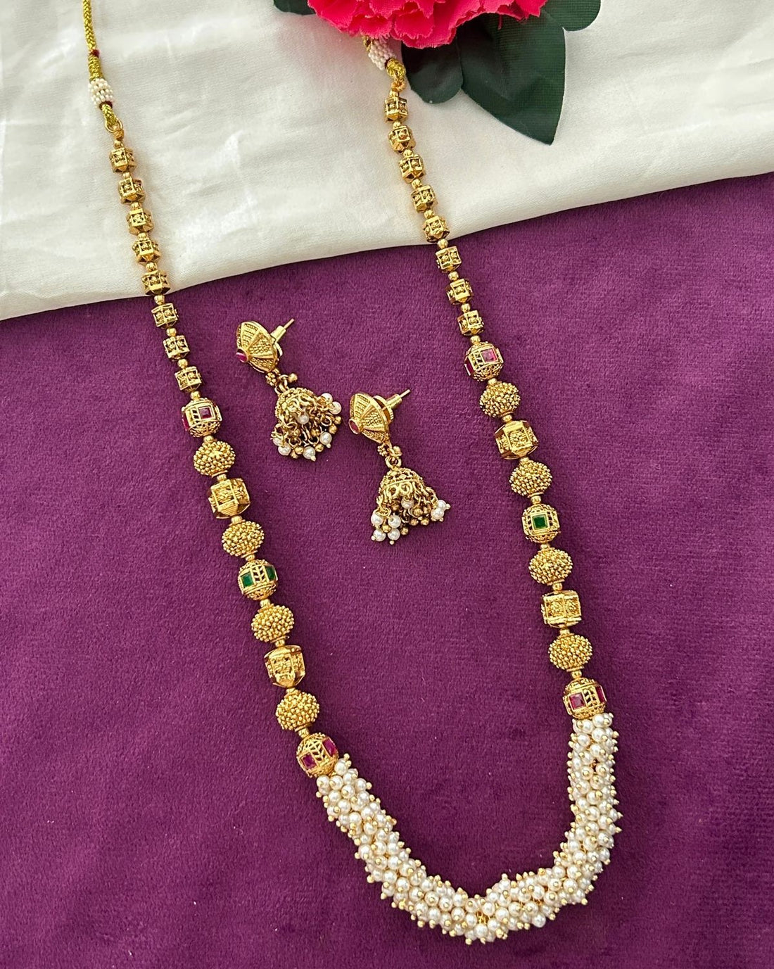 Premium Gold Plated Pearl Beaded Temple Necklace Set with Jhumka Earrings