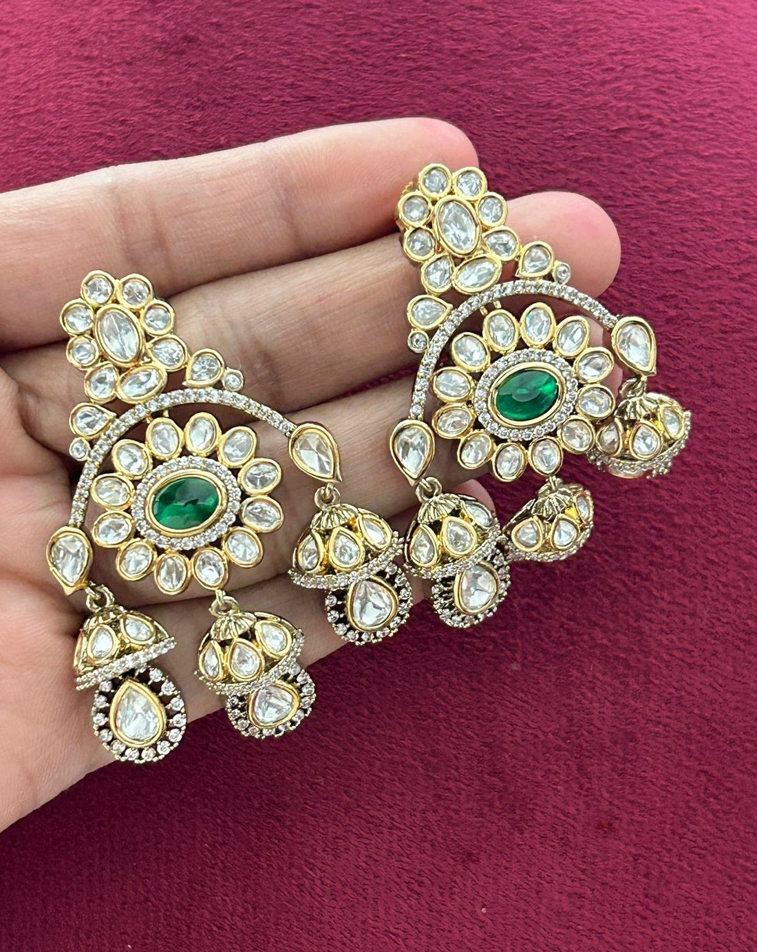 Premium Gold Plated Kundan Long Necklace Set with Green Stone Pendant and Earrings