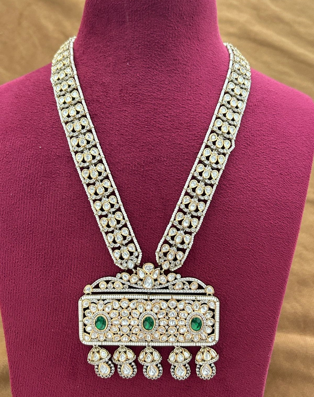 Premium Gold Plated Kundan Long Necklace Set with Green Stone Pendant and Earrings