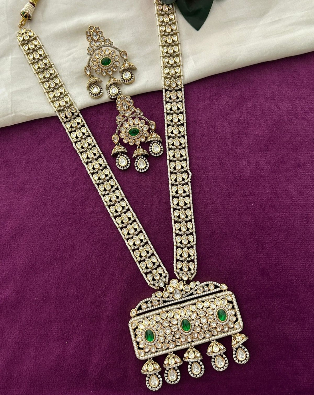 Premium Gold Plated Kundan Long Necklace Set with Green Stone Pendant and Earrings