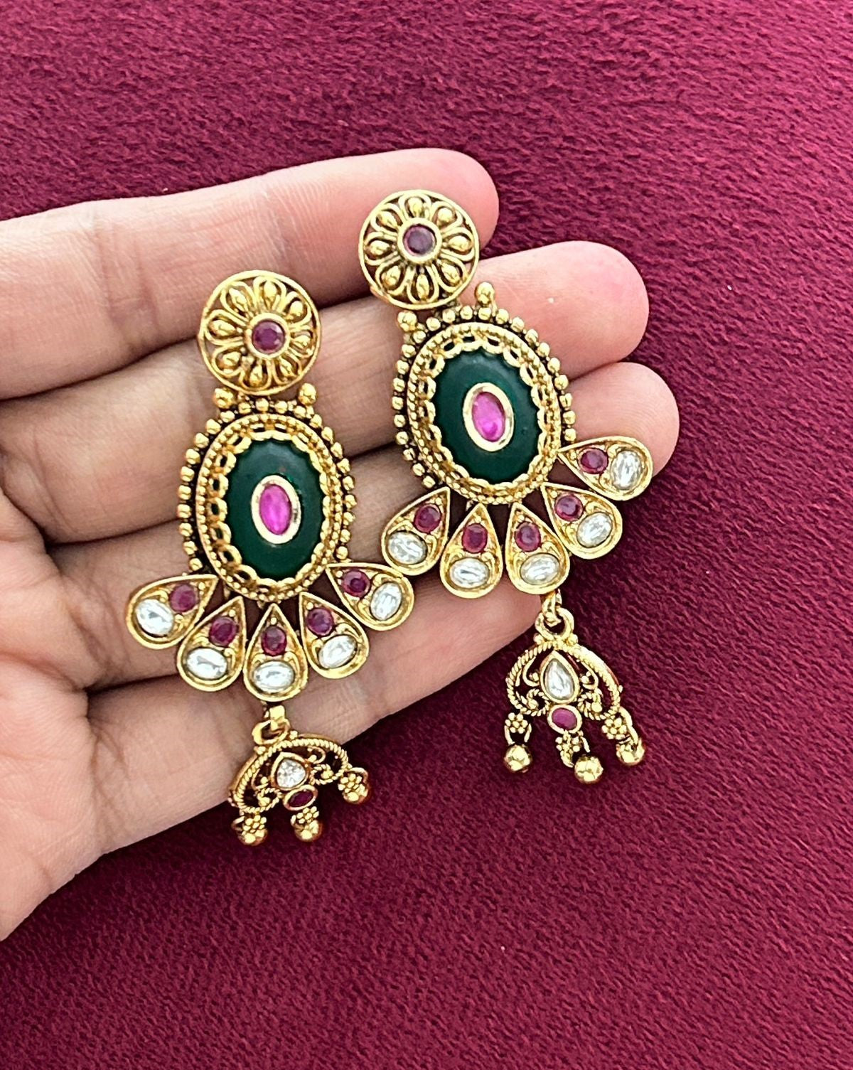 Premium Gold Plated Kundan  Necklace Set with Green Stone and Matching Earrings