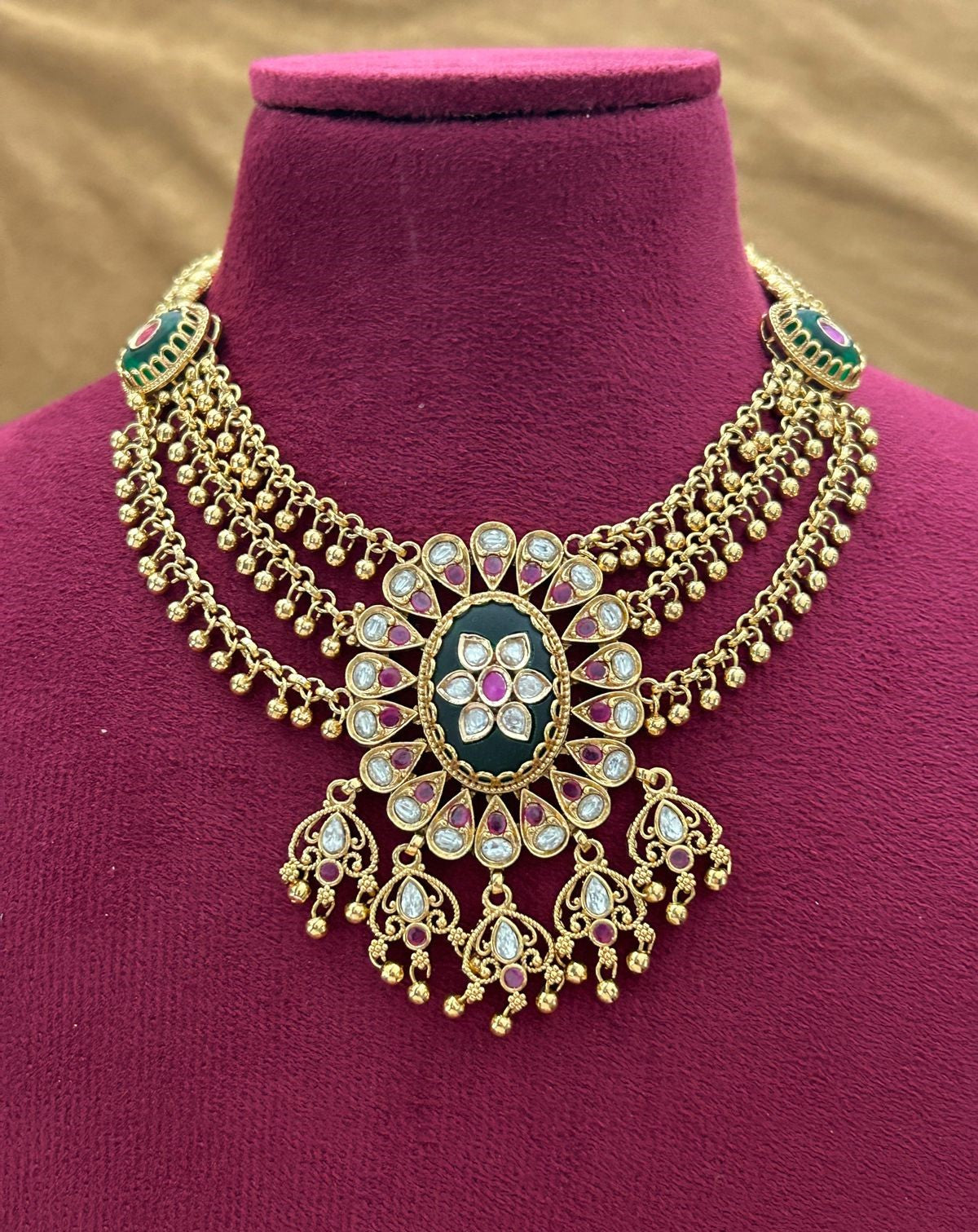 Premium Gold Plated Kundan  Necklace Set with Green Stone and Matching Earrings