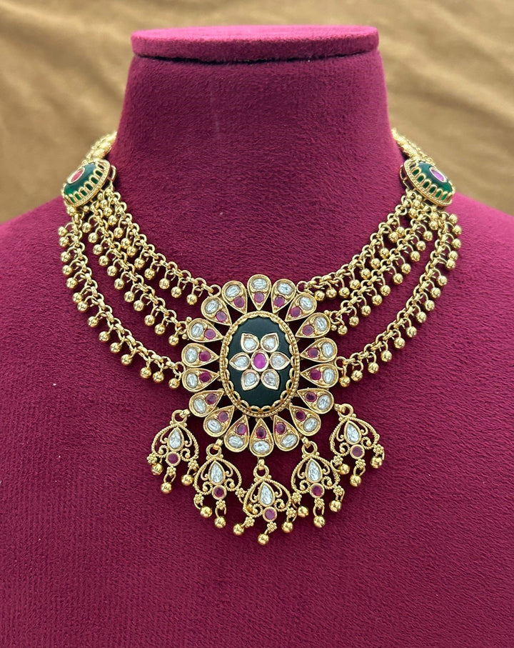Premium Gold Plated Kundan  Necklace Set with Green Stone and Matching Earrings