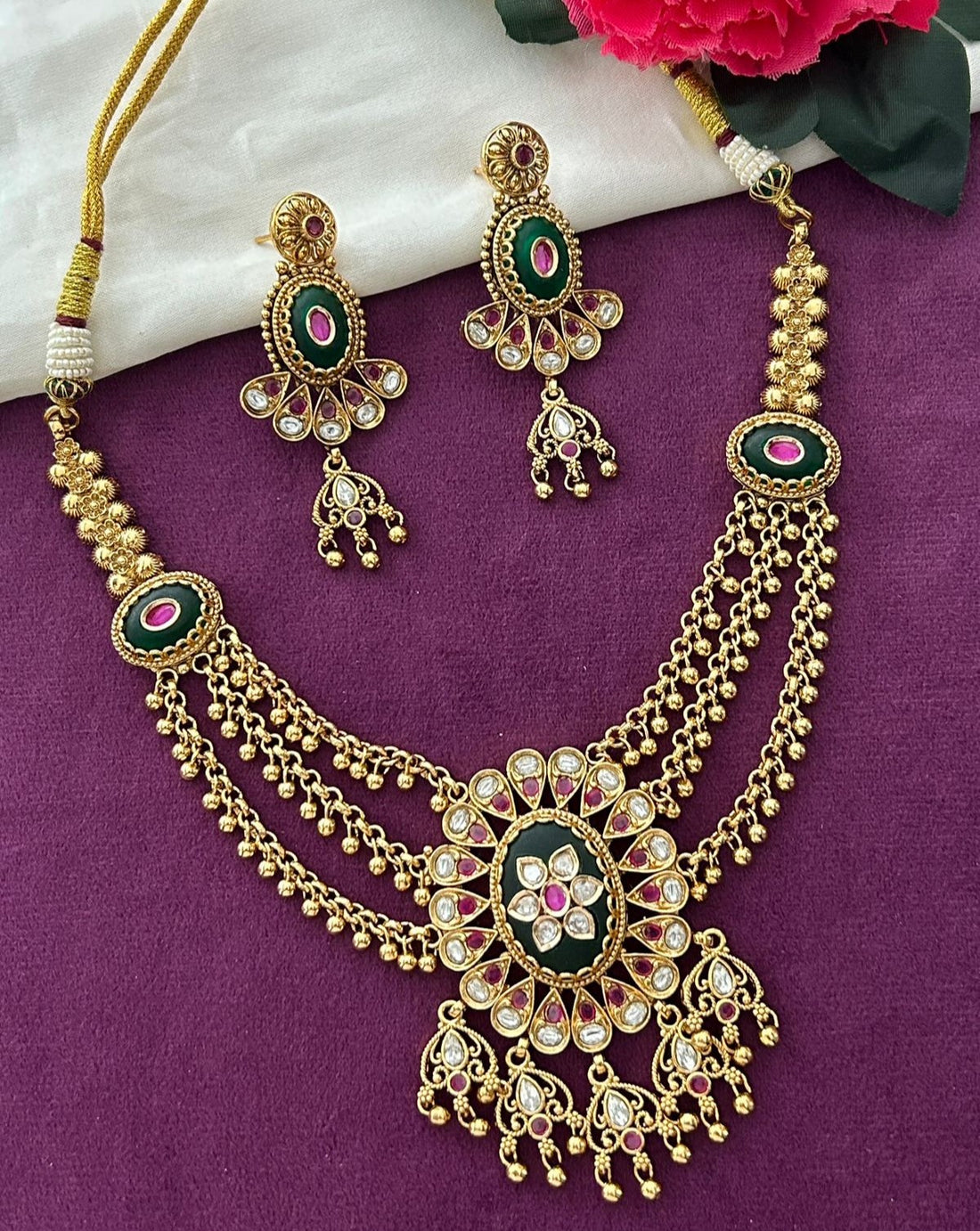 Premium Gold Plated Kundan  Necklace Set with Green Stone and Matching Earrings