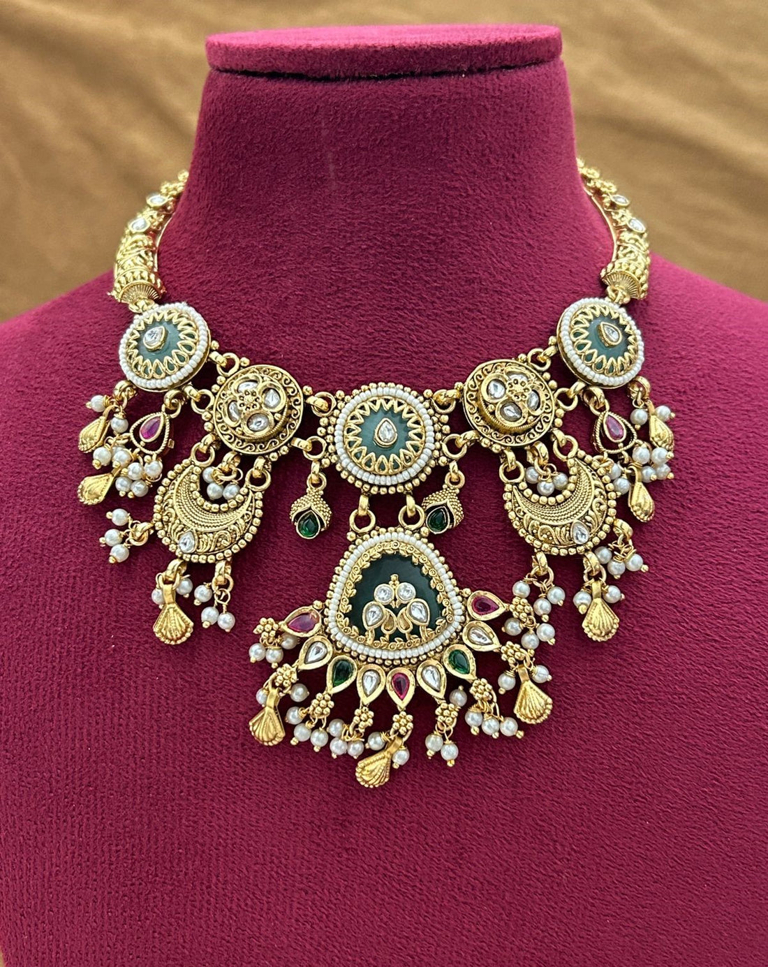 Premium Gold Plated Antique Kundan Necklace Set with Green Stone and Pearl Drops